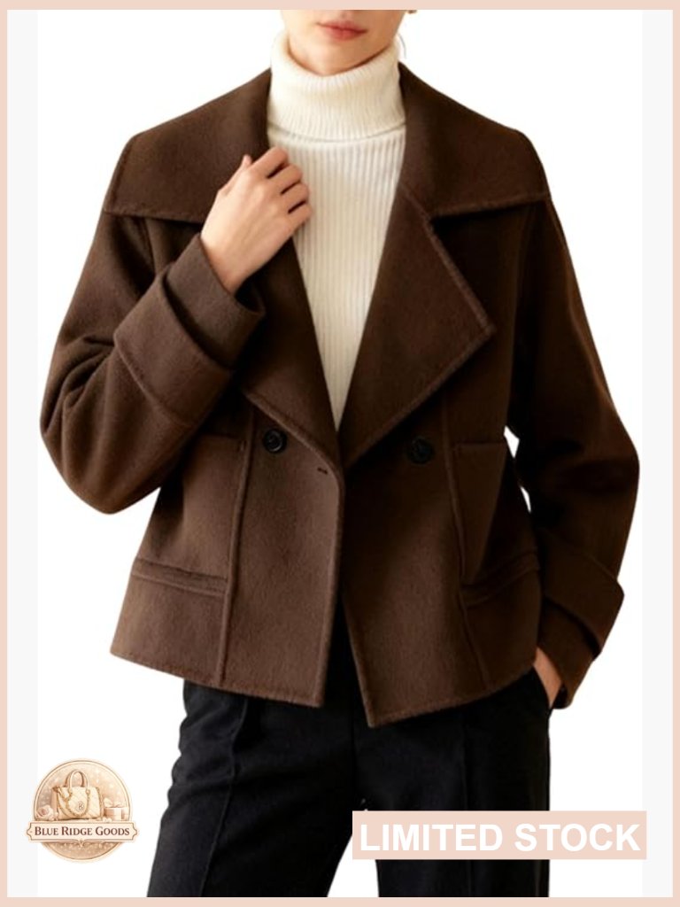 Slim Fit Cropped Wool Pea Coat Notched Lapel Elegant Chic Trench Coat